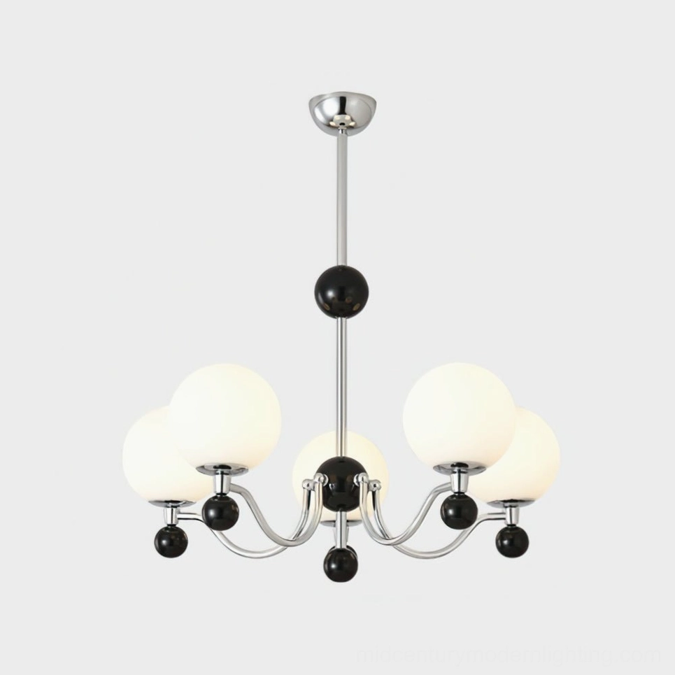 Eight-head geometric chandelier creating ambient lighting in modern spacious living room