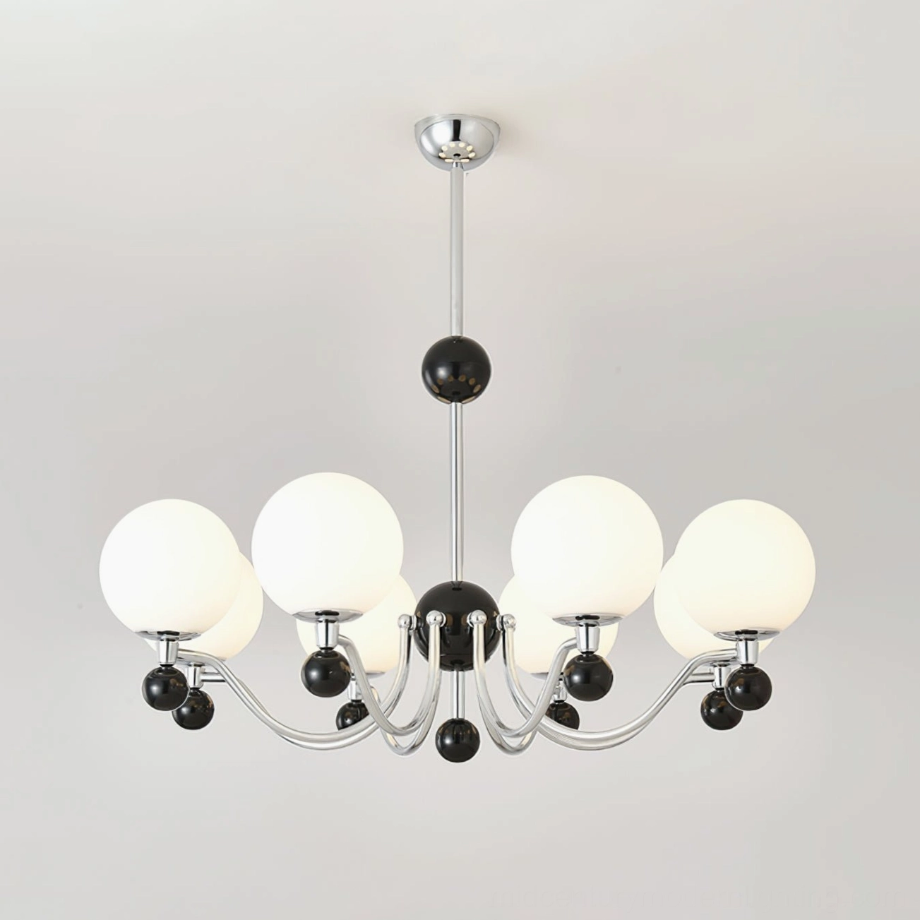 Eight-head large spherical chrome chandelier with black accent details statement piece