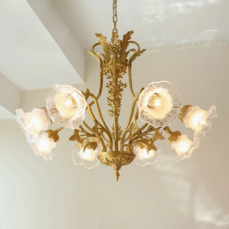 Eight-light Dore brass flower chandelier with clear glass shades in Brass+Clear finish