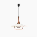Eikon mid-century pendant lamp with walnut wood neck and pleated fabric shade, studio front view