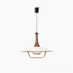 Eikon mid-century pendant lamp with walnut wood neck and pleated fabric shade, studio front view
