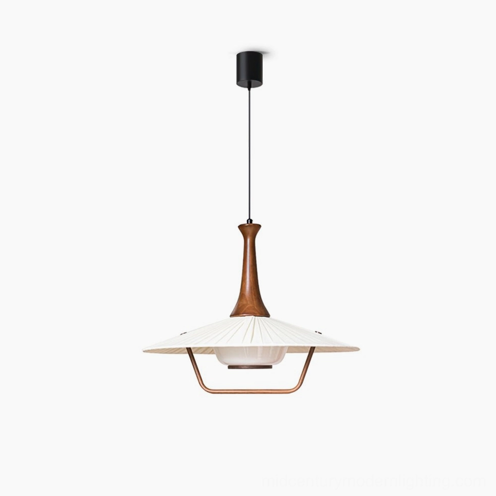 Eikon mid-century pendant lamp with walnut wood neck and pleated fabric shade, studio front view