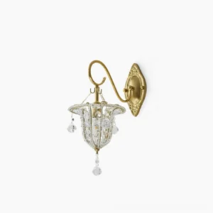 Eilers gold brass crystal wall sconce mounted on white wall with climbing green ivy vines, front side view showing beaded crystal shade and polished brass armature