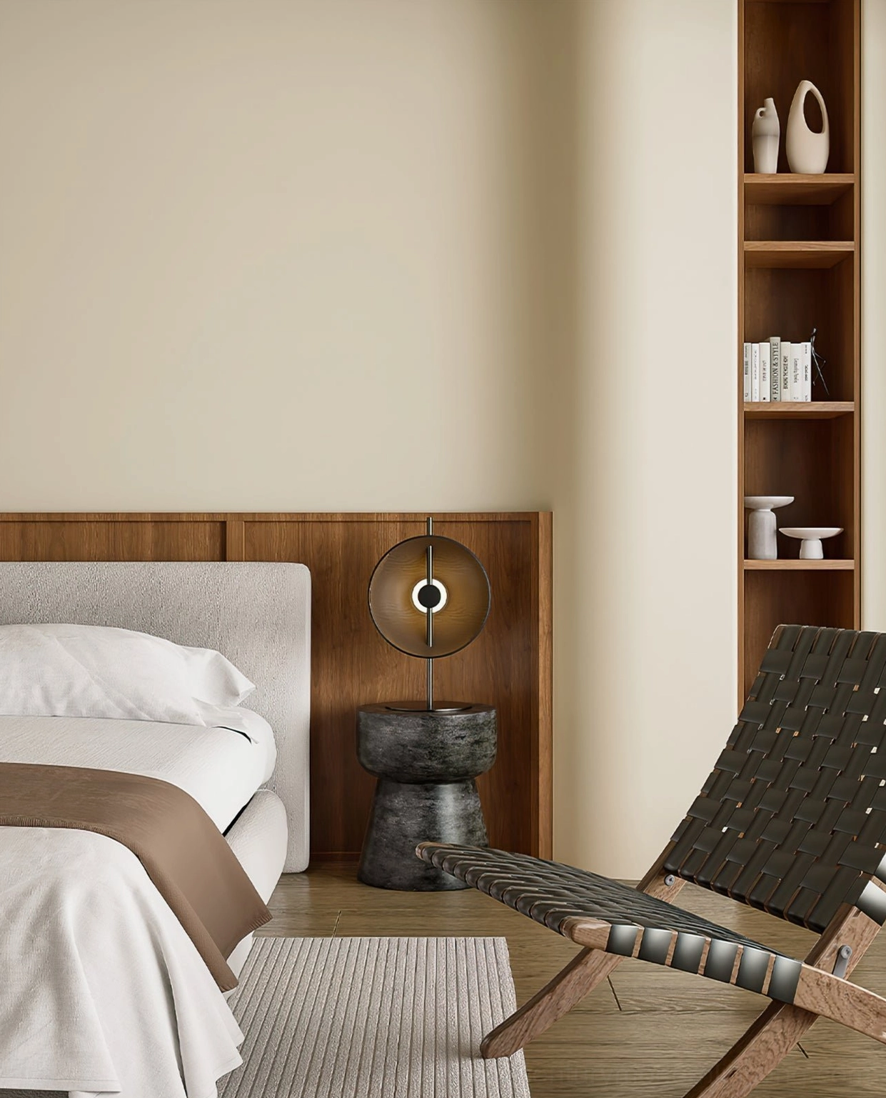 Minimalist accent lamp with circular wooden shade on stone side table in modern bedroom