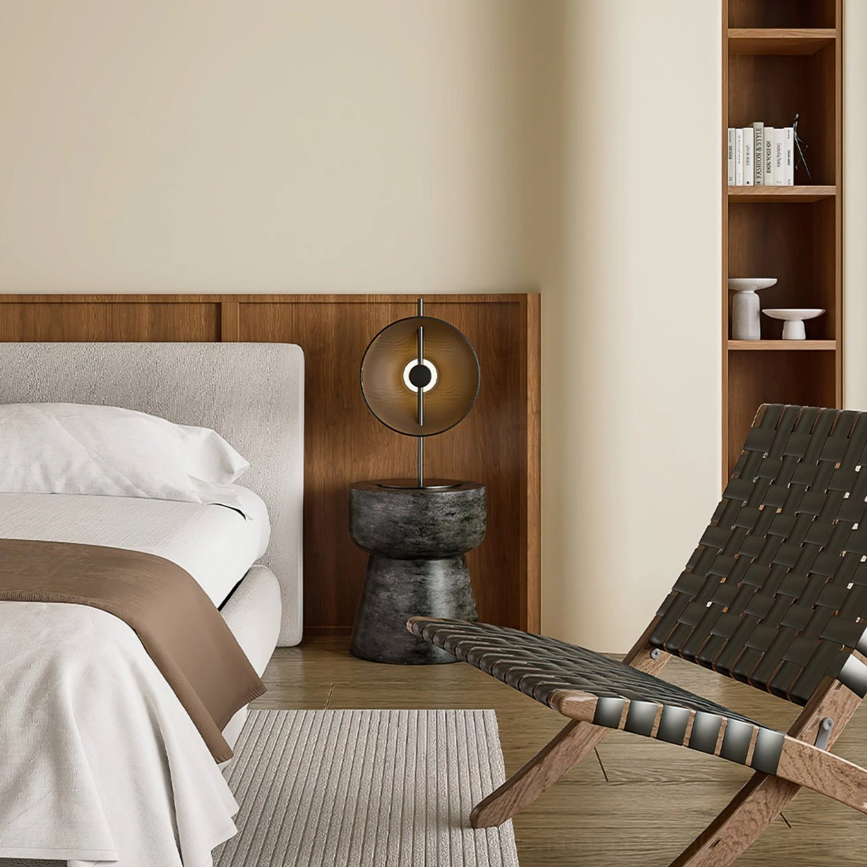 Matte black Eine disc table lamp in modern master bedroom, contemporary minimalist home decor with neutral tones