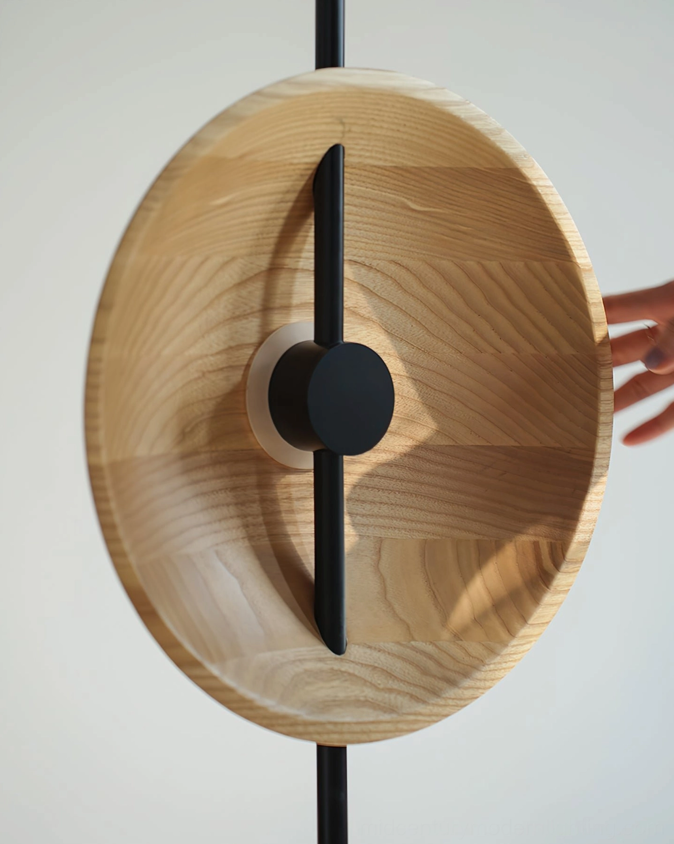 Eine modern floor lamp detail showing integrated LED warm light source and wood diffuser panels