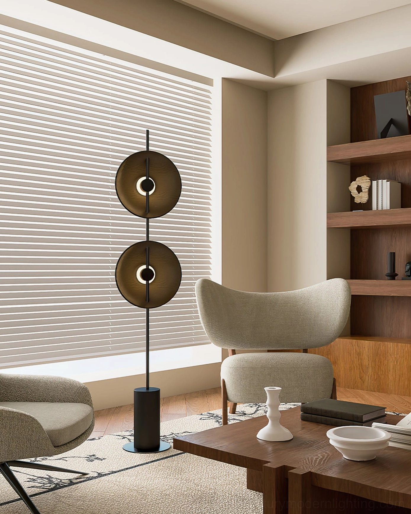 Eine two-tier floor lamp in neutral living room with natural sunlight and blind patterns