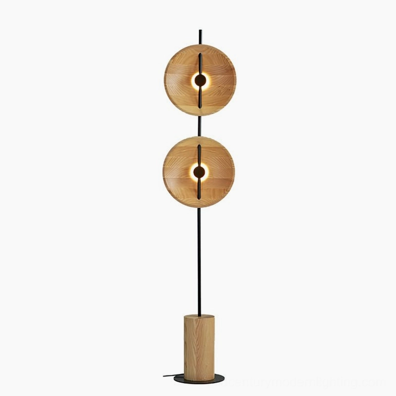 Eine natural wood floor lamp variant with warm timber finish and dark metal frame structure