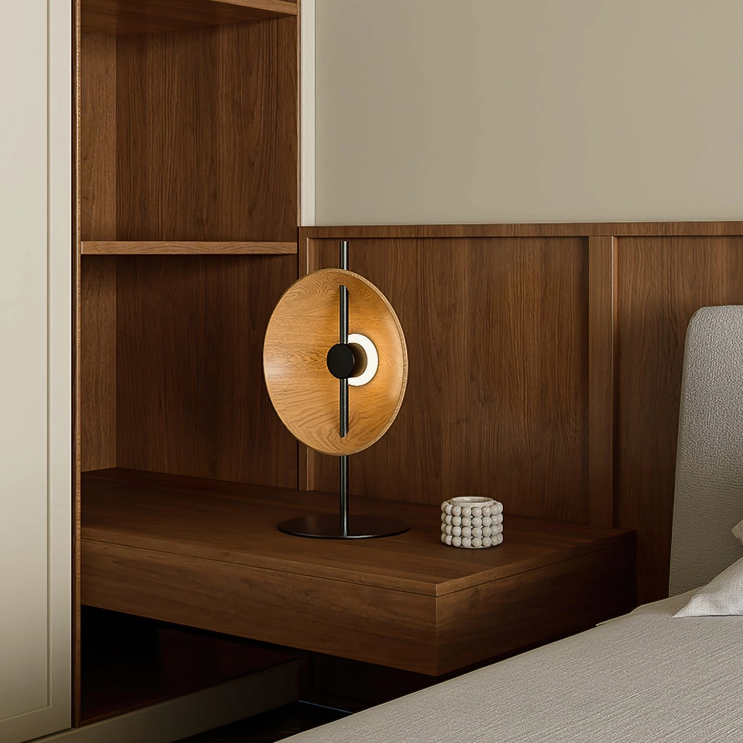 Natural wood tone Eine table lamp styled on bedroom nightstand with warm ambient lighting, mid-century modern interior design setting