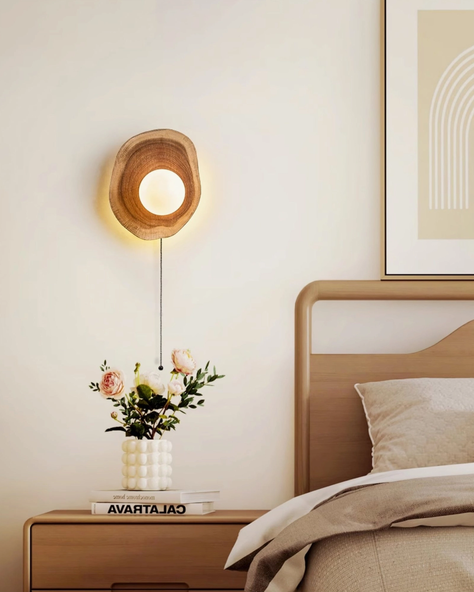 Eivor pull-chain wooden sconce mounted in cozy bedroom bedside setting, providing soft diffused light ideal for reading and relaxation