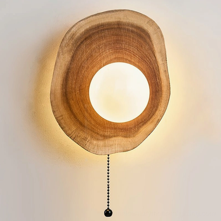 Eivor Model B wooden wall sconce with built-in zipper switch control in warm walnut color finish, ready-to-install design
