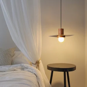 Elara minimalist ceiling pendant light in bedroom with warm Nordic aesthetic and sheer window curtains