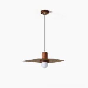 Elara mid-century modern pendant lamp with walnut wood base and brass geometric shade, studio product display front view