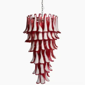 Elara Petal Glass Chandelier in Nickel and Red Cloud - hand-blown Murano glass petal tiers with dramatic red and white gradient, chrome hanging chain, front view on white background