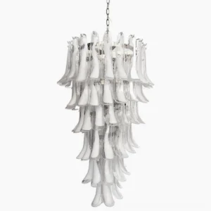 Elara Petal Glass Chandelier in White Cloud variant - layered frosted translucent glass petals with soft gradient, polished nickel hardware, direct frontal lighting