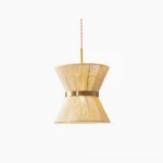 Elara woven hourglass pendant light with beige cotton woven shade and gold metal accent band, frontal view on white background