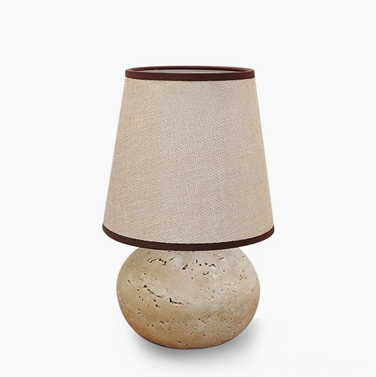Elba travertine table lamp linen color finish with neutral tone fabric shade, minimalist modern table lamp for bedroom or living room