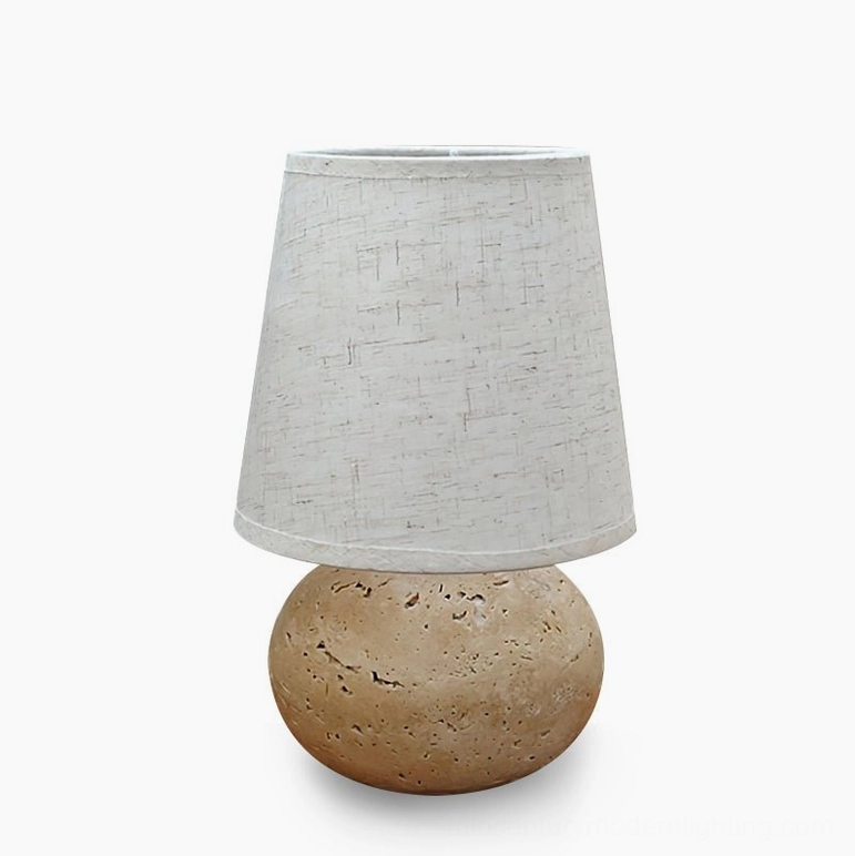 Elba travertine table lamp white finish with linen shade, ideal for bedroom nightstand or study, mid-century modern lighting design