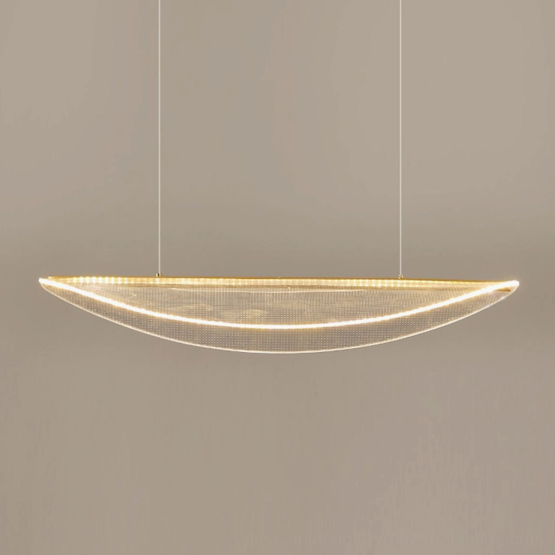 Elegant floating pendant light featuring warm gold tone and contemporary minimalist style
