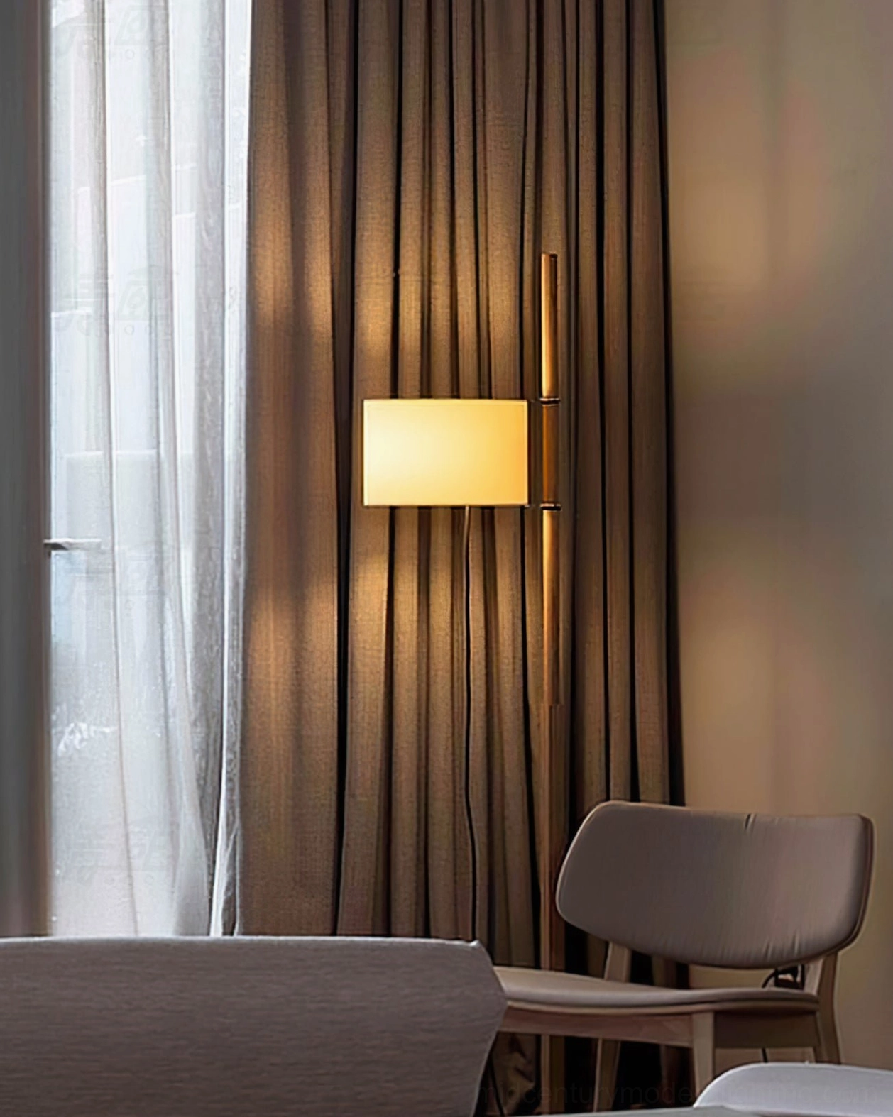 Wooden floor lamp positioned in modern space highlighting elegant pole design