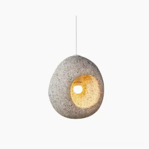 Elian organic stone pendant lamp front close-up studio view with egg-shaped speckled granite texture