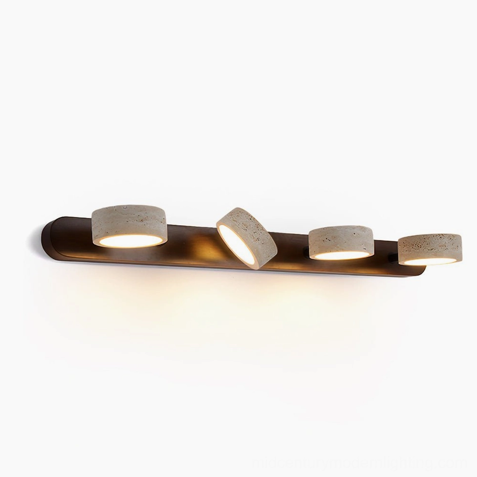 Elias travertine wall lamp 4-head configuration studio product view front angle beige wood base