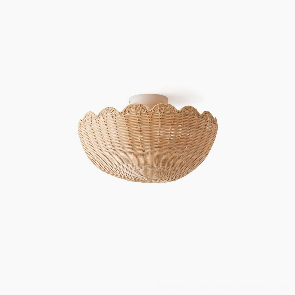 Elior scalloped raffia ceiling light - overhead view showing handwoven natural rattan texture and matte white metal frame against plain background