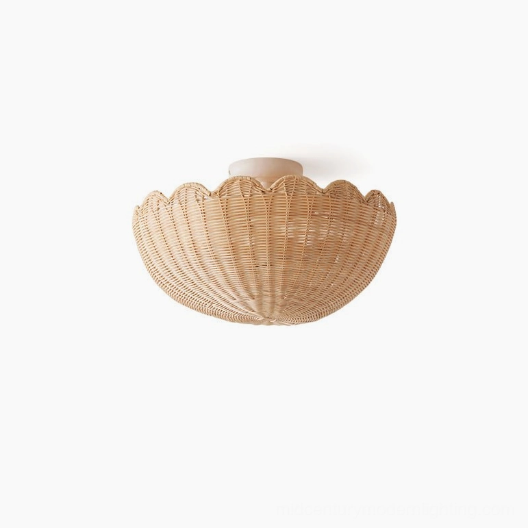 Medium-sized Elior natural raffia flush mount ceiling light - front view showcasing matte white metal frame and woven detail