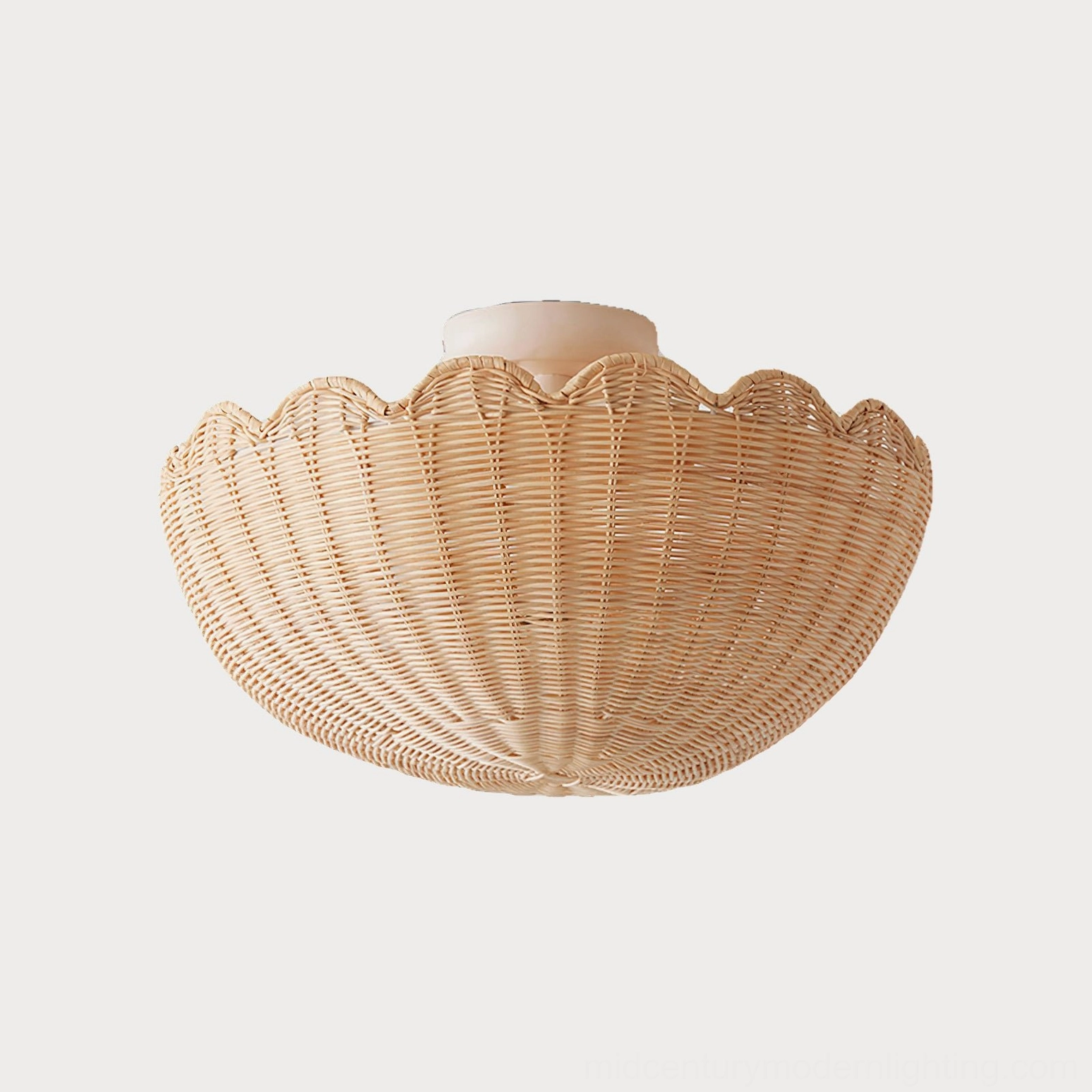 Scalloped rattan flush mount ceiling light with warm neutral natural raffia finish on plain white background