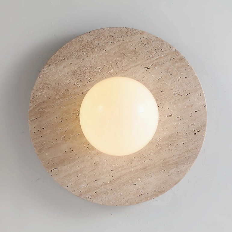 Elira travertine wall lamp beige and white natural stone finish, full product view showing dimensions and proportions