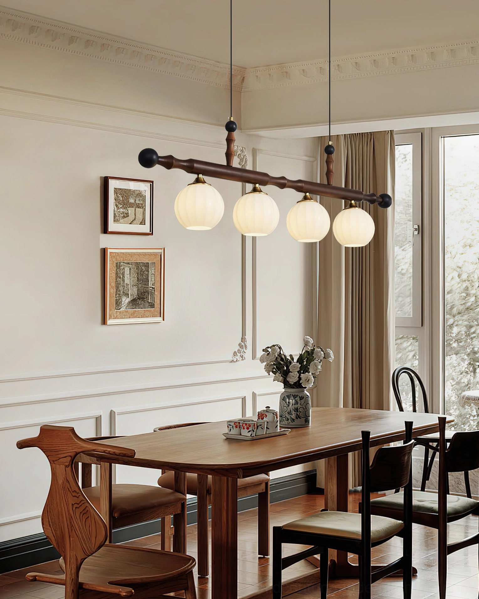 Elisha walnut wood linear chandelier in bright American vintage country style dining room with large windows