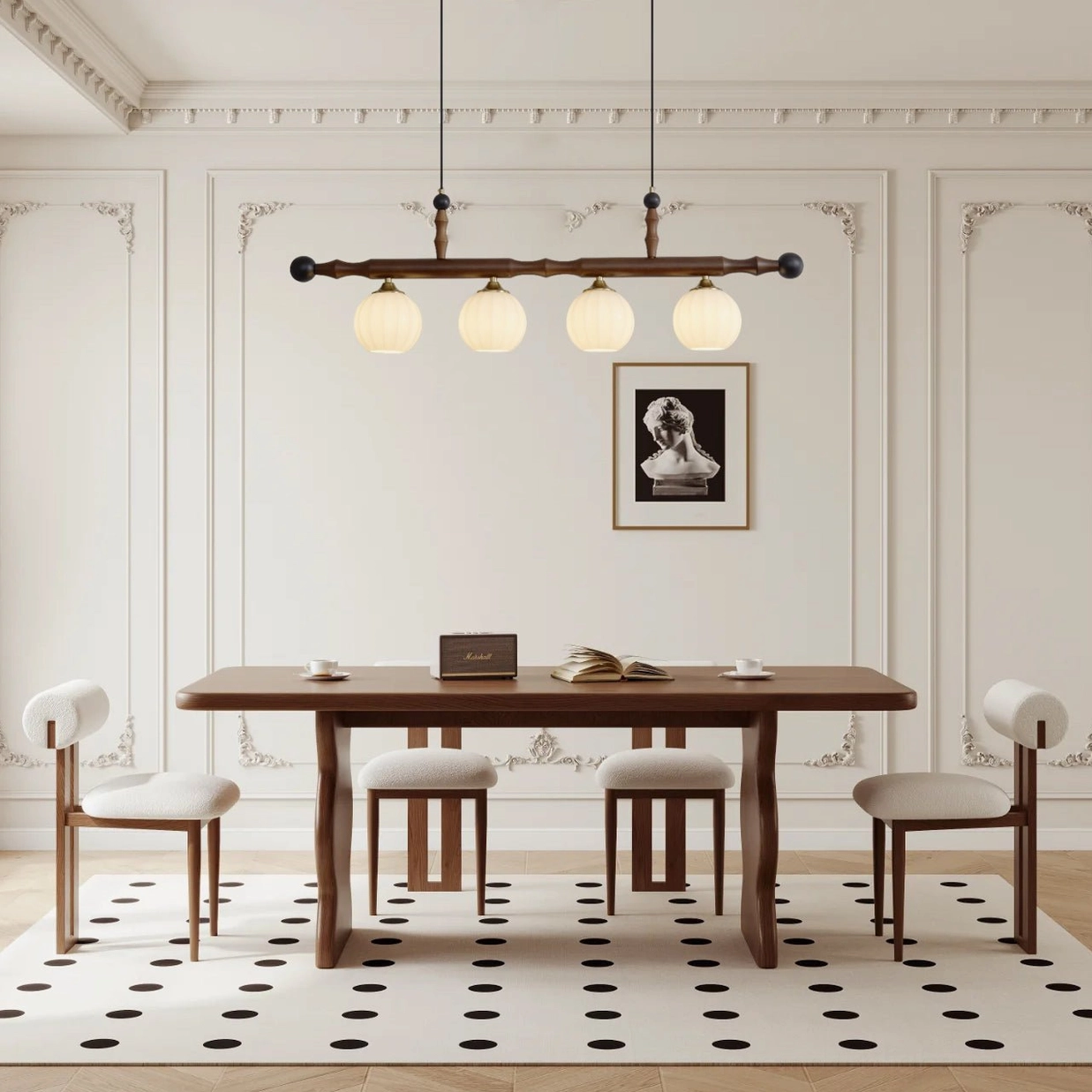 Elisha wood beam pendant fixture in French neoclassical dining room with neutral elegant interior design