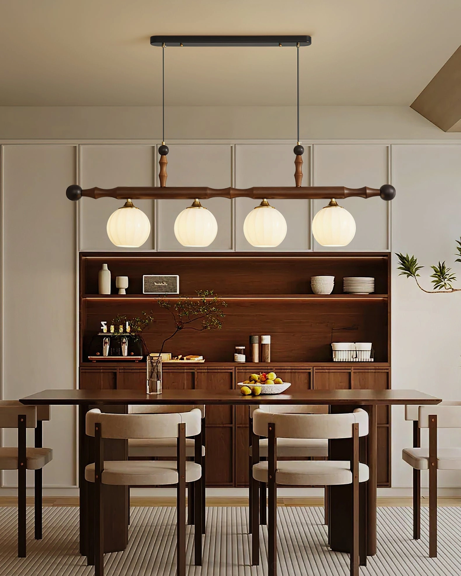Elisha 4-head wood chandelier in modern minimalist dining room with built-in cabinetry and contemporary design
