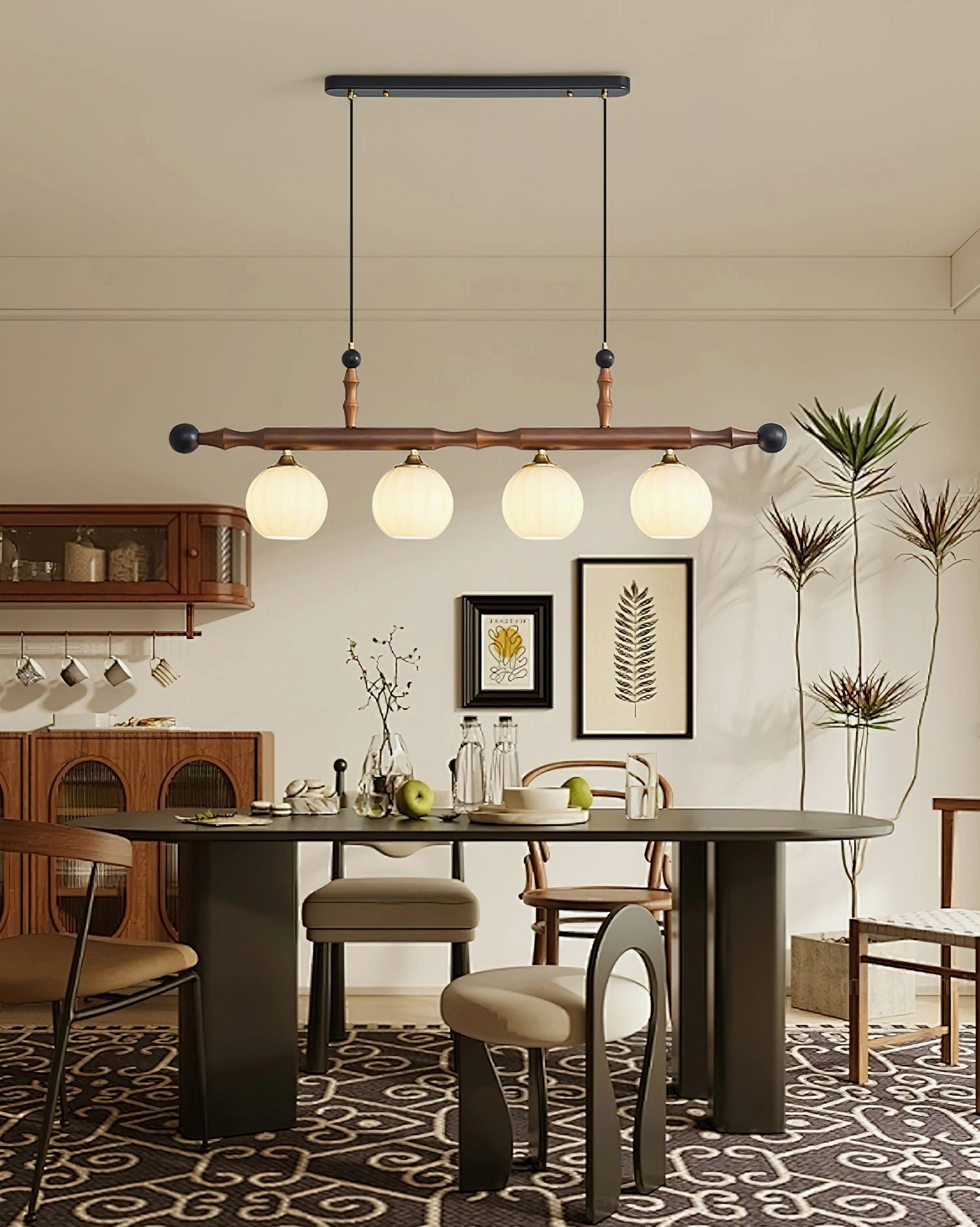 Elisha linear pendant light in boho rustic dining room with patterned rug and eclectic wall art decor