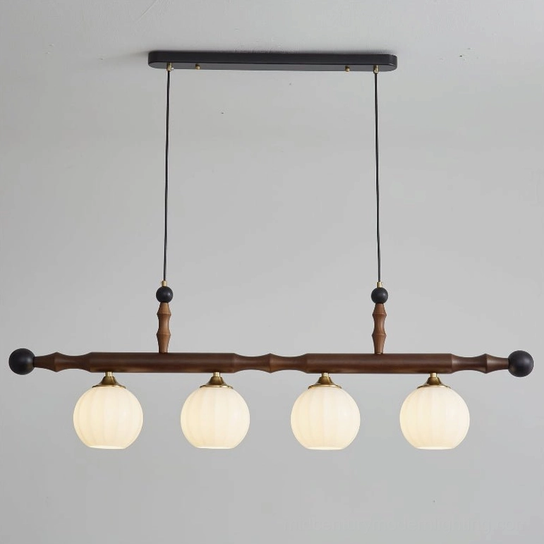 Elisha walnut wood 4-head linear pendant chandelier - primary product photo with all design elements visible