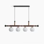 Elisha 4-light linear walnut wood chandelier with ribbed opal glass shades and gold accents - overhead studio view