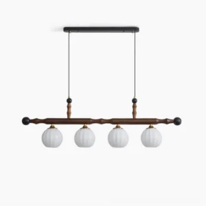 Elisha 4-light linear walnut wood chandelier with ribbed opal glass shades and gold accents - overhead studio view