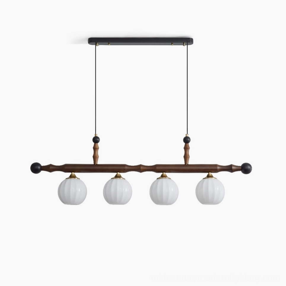 Elisha 4-light linear walnut wood chandelier with ribbed opal glass shades and gold accents - overhead studio view