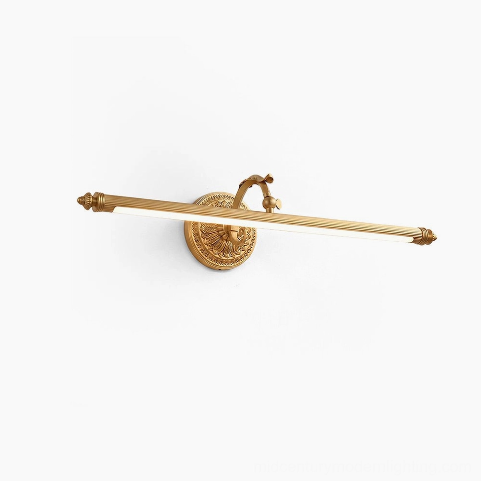 Ellesmere brass wall sconce with etched floral backplate and reeded linear bar, studio front view