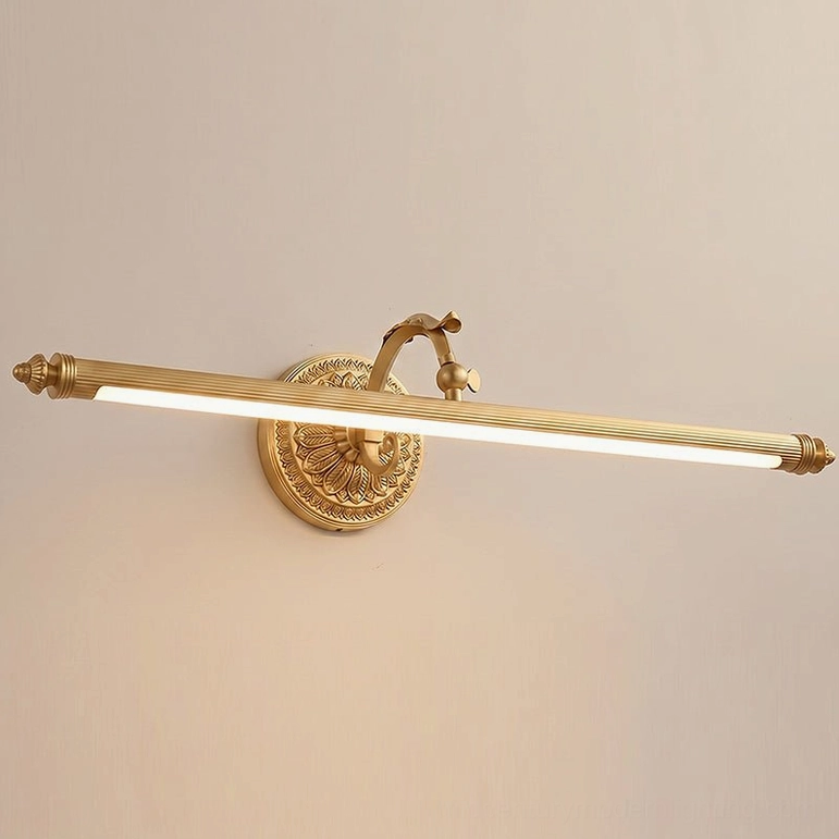 Ellesmere wide brass wall sconce in polished brass finish with integrated LED warm light source