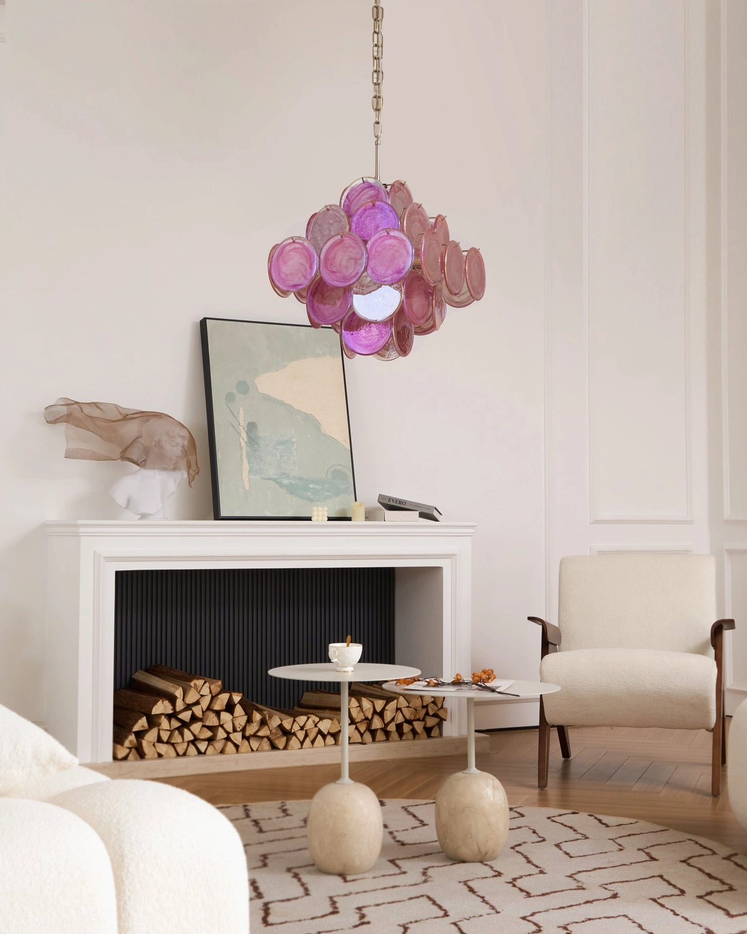 Small pink disc Murano chandelier product photography showing complete fixture design and glass color gradation