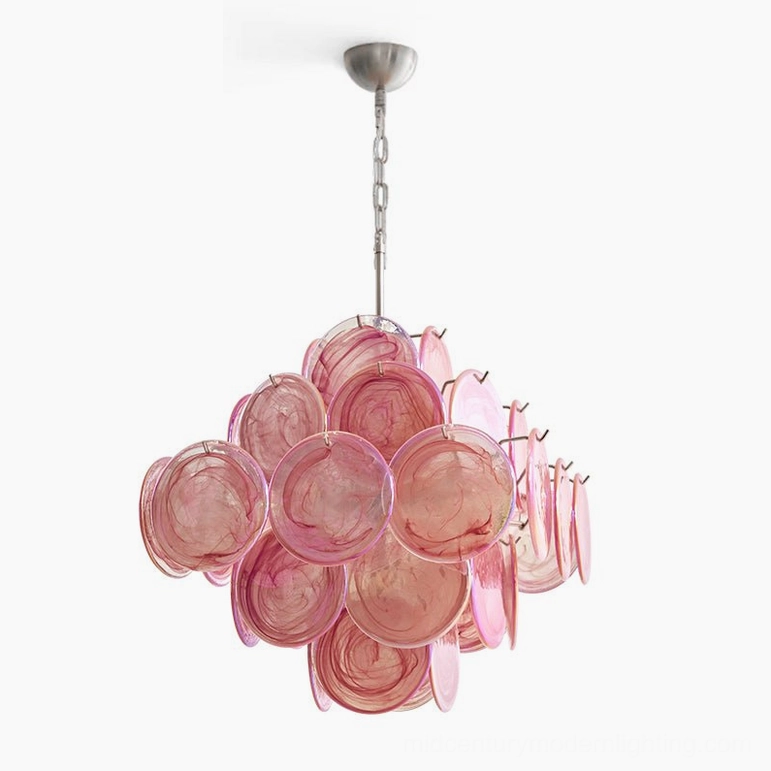 Ellie 19.3 inch pink disc Murano chandelier electroplated pink cloud nickel finish detailed product view