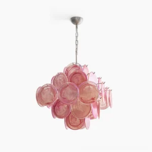 Ellie pink disc Murano glass chandelier full front hanging view with hand-blown translucent discs and silver metal hardware
