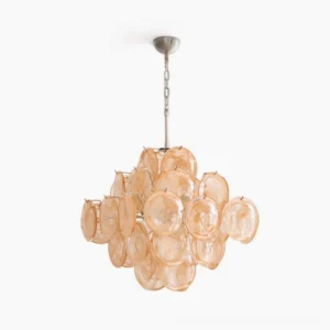Ellie Yellow Disc Murano Chandelier front studio view showing clustered hand-blown amber glass discs with brushed nickel metal frame