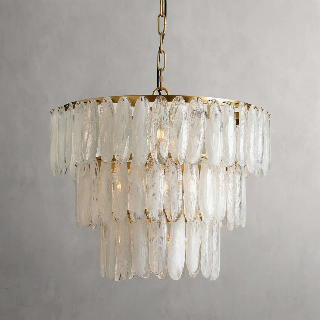 Compact Ellington frosted glass chandelier 50cm size with nine frosted glass pendants on brass metal frame against light gray backdrop, bedroom and breakfast nook lighting