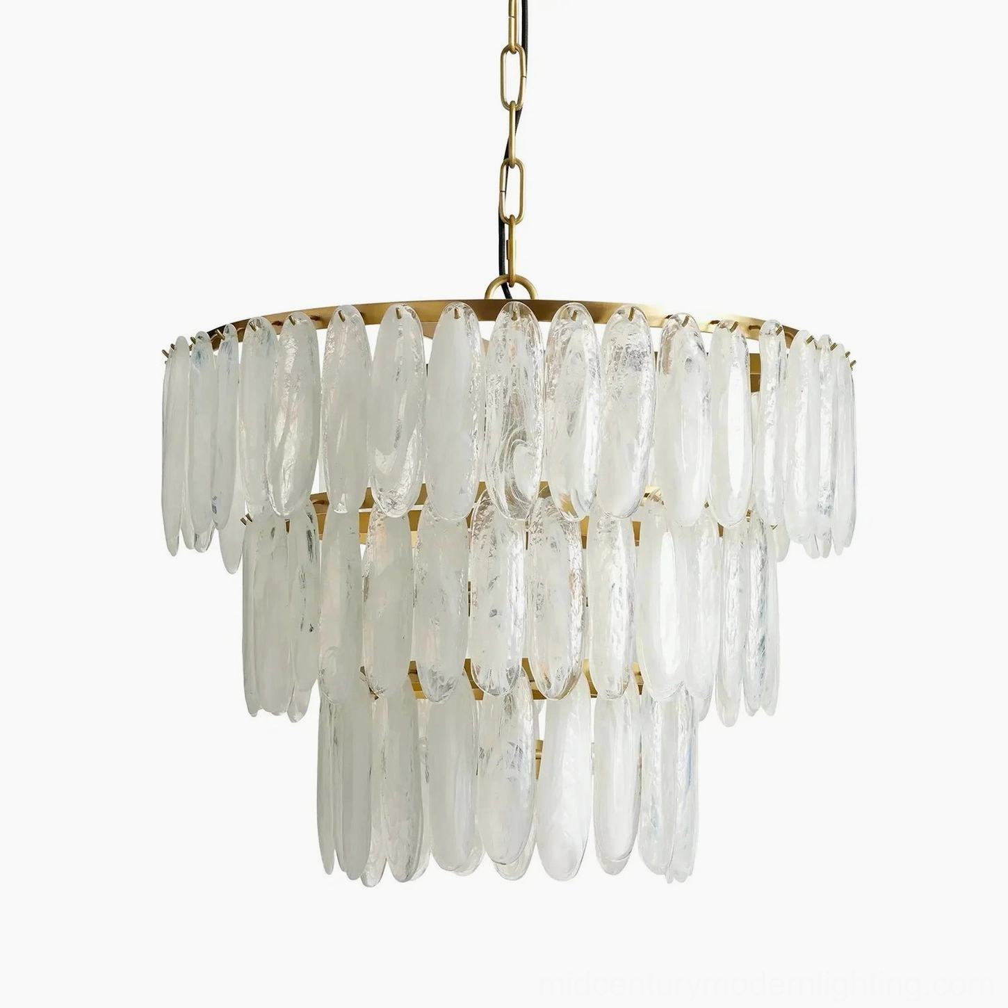 Small compact Ellington frosted glass chandelier detailed view showing elegant construction of frosted white glass shades and structured metal frame design