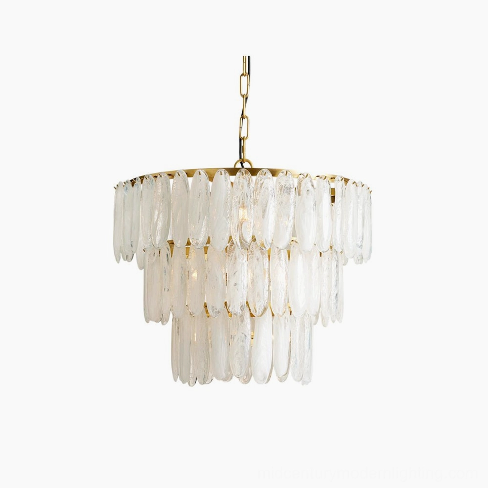 Ellington frosted glass chandelier front view with brass metalwork frame and layered frosted glass shades against white studio background, mid-century modern lighting design