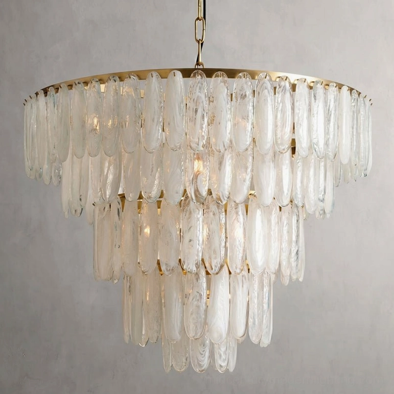 Extra large grand Ellington frosted glass chandelier 80cm diameter full view against light gray studio backdrop, statement ceiling light fixture for foyer and stairwell