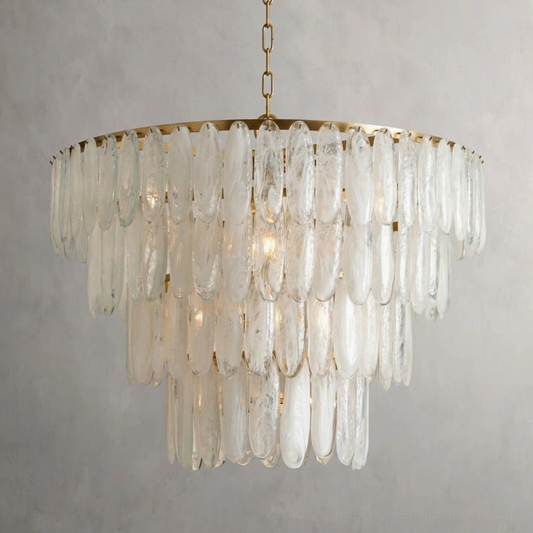 Classic medium Ellington frosted glass chandelier 60cm size with illuminated frosted glass droplets creating warm layered lighting against gray studio background