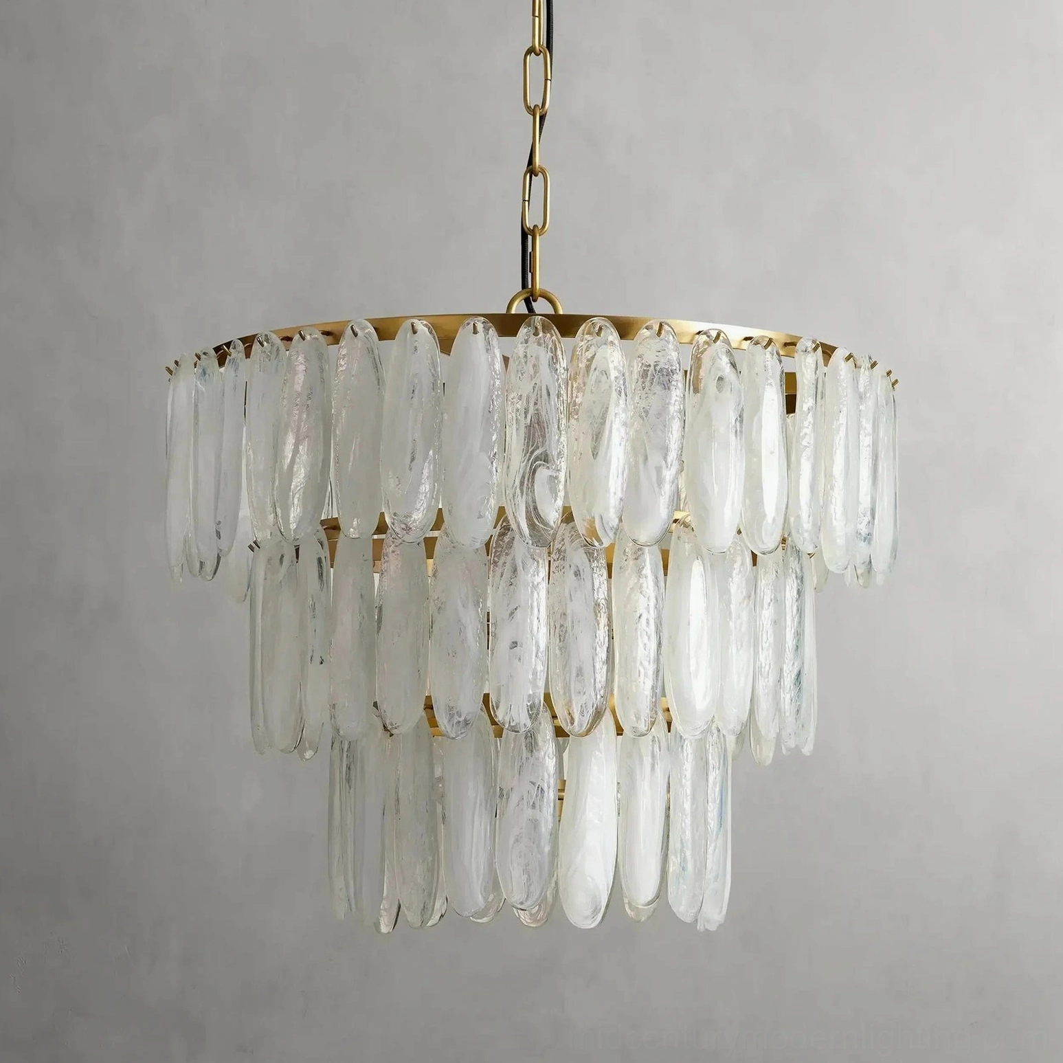 Medium Ellington frosted glass chandelier full front view demonstrating proportions and tiered glass pendant arrangement against light gray studio background